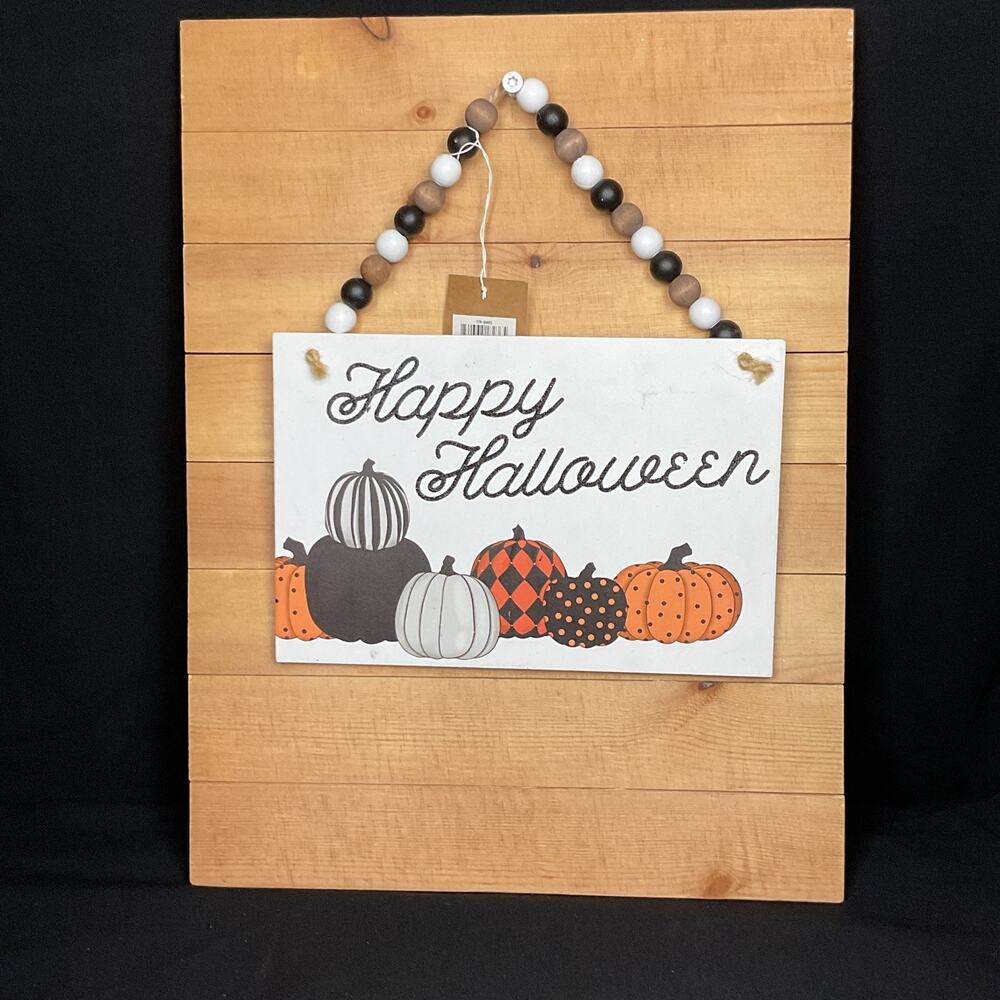 Happy Halloween Hanging Sign Plaid Polka Dot Pumpkin Wood Bead Garland Decor